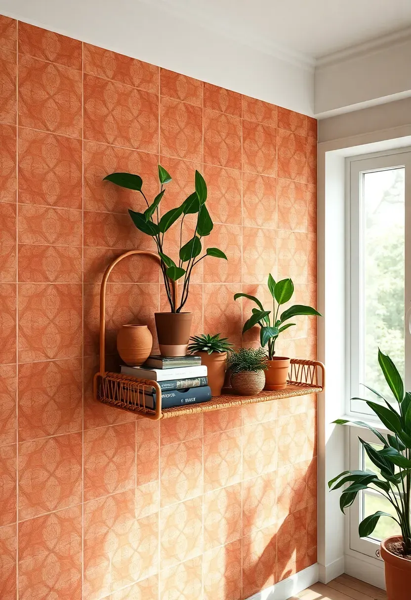 Sunroom accent wall covered in peel-and-stick geometric terracotta-toned tiles creating a warm focal point behind a rattan shelf with potted plants and books