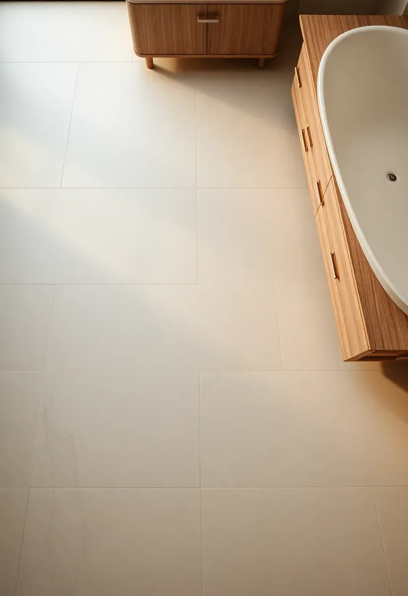Hyper-realistic overhead view of honed limestone floor tiles with subtle natural veining, hints of floating oak vanity and freestanding tub, soft shadows. Materials: honed limestone tiles with natural fossils and veins, white oak vanity, white porcelain tub. Warm soft diffused light, pale cream neutrals with stone color variation. Natural minimalist mood, sharp stone texture detail, soft shadows. No logos or watermarks.</p>