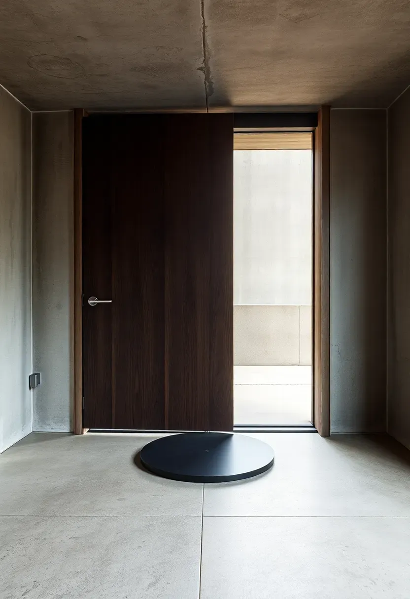 A large oversized pivot door in dark oak rotating on a central axis at a modern basement entrance with concrete walls