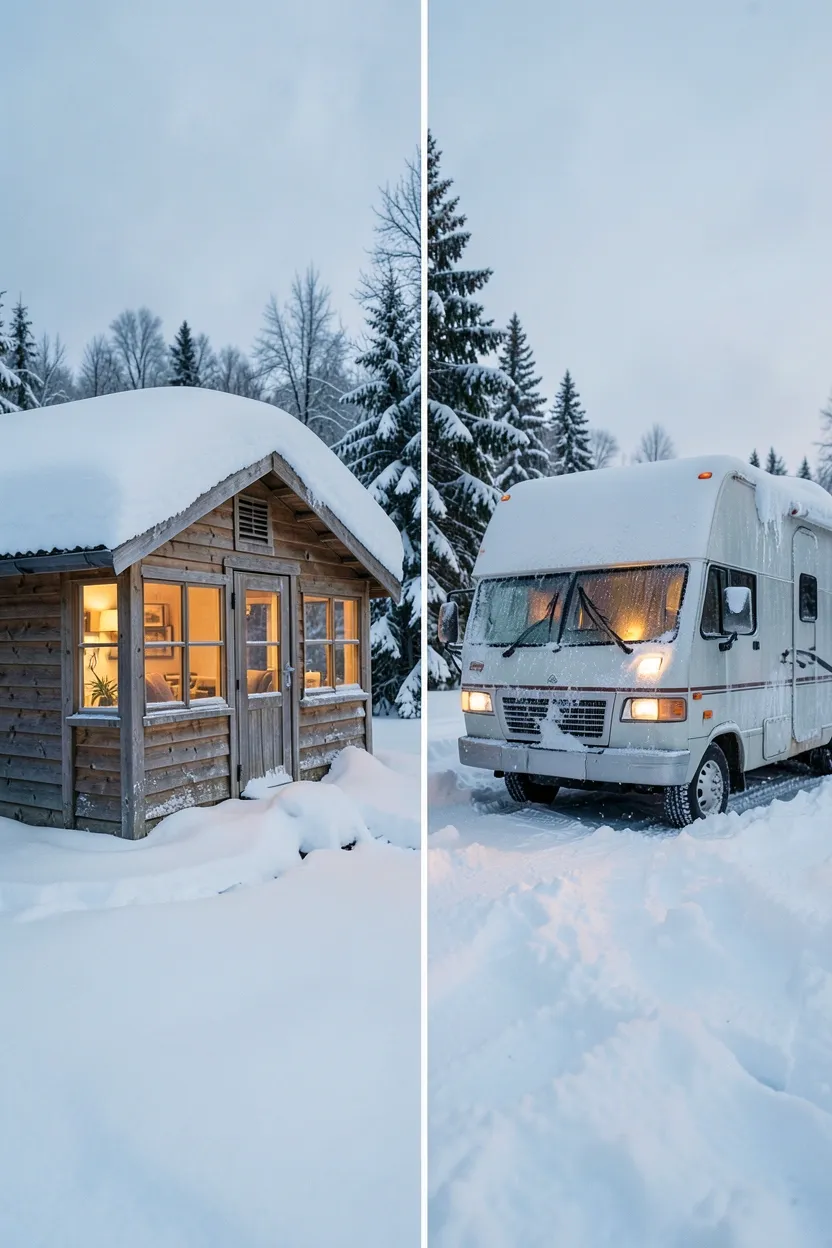 Cross-section diagram showing thick residential insulation in a tiny house wall versus thin RV insulation for climate control comparison