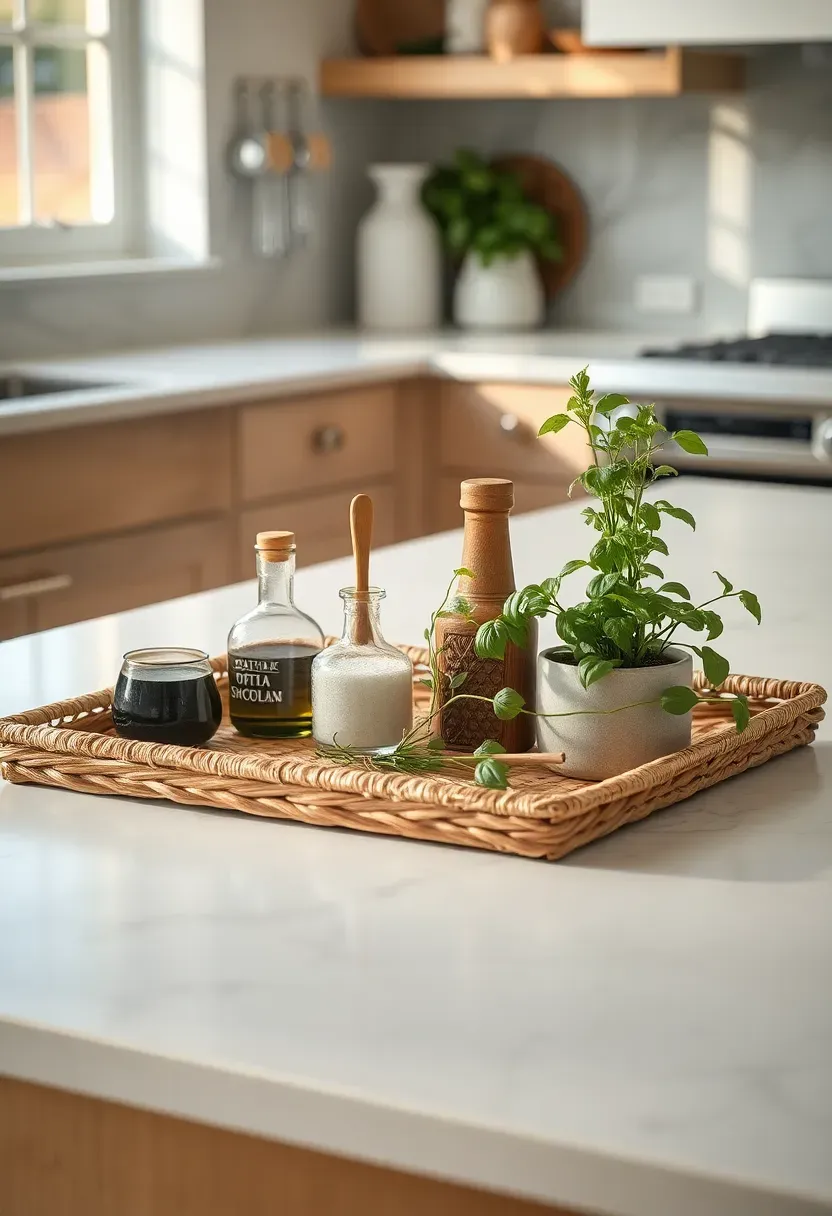 Woven basket tray organizing kitchen counter with olive oil bottle, salt cellar, and fresh herbs in a ceramic pot