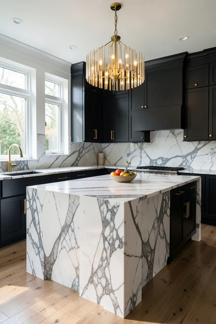 Waterfall kitchen island with Calacatta marble flowing from countertop to floor on both sides, dark charcoal cabinets below with brass pulls