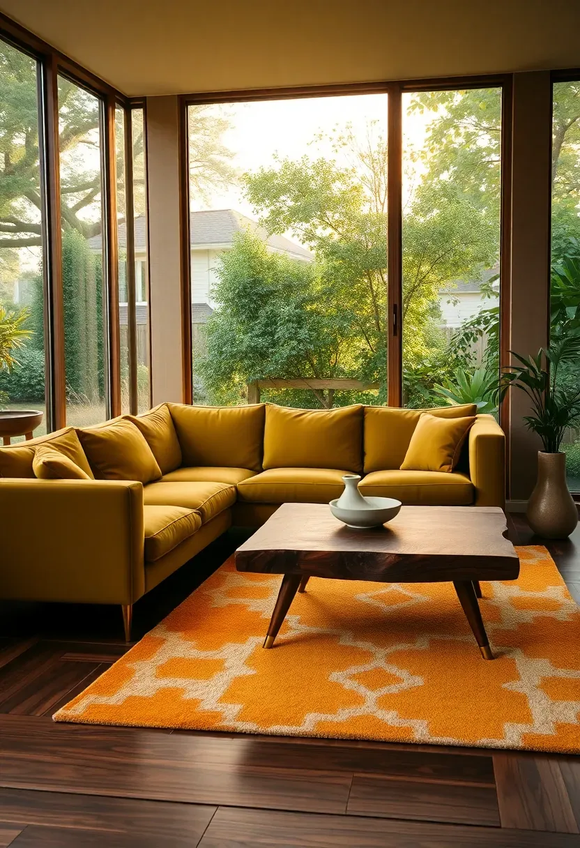 Mid-century modern sunroom with low-profile sectional sofa, walnut coffee table, geometric rug, and floor-to-ceiling glass walls overlooking a garden