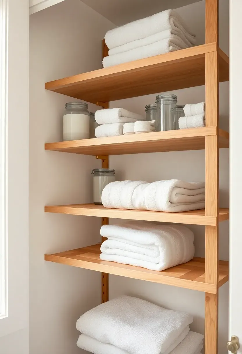 Bathroom linen closet with adjustable wood shelves at varying heights holding folded white towels, glass jars, and rolled hand towels