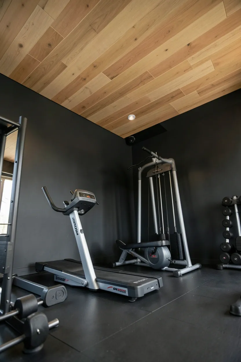 Dark gym room with deep charcoal walls and tongue-and-groove warm maple wood ceiling panels, dimmable lighting highlighting grain
