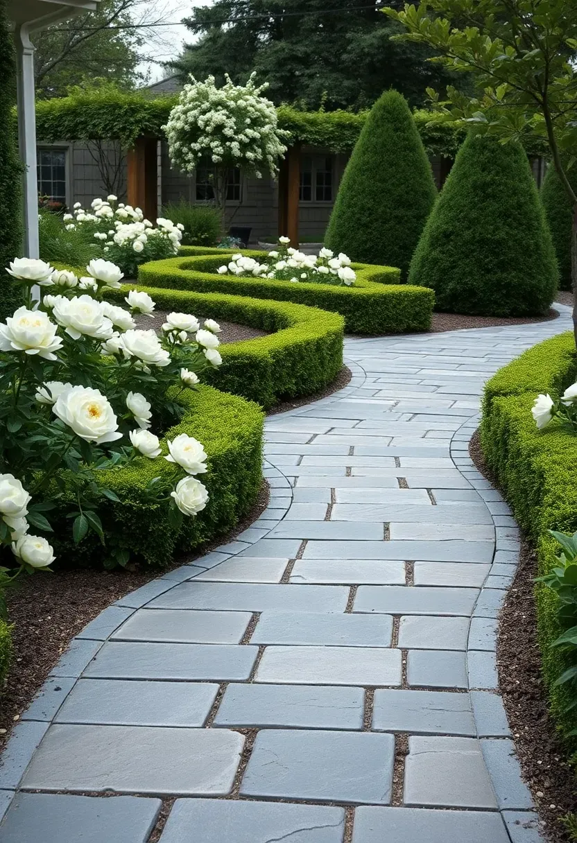 A dry-laid bluestone walkway with tight joints in a blue-gray tone running through a formal backyard garden