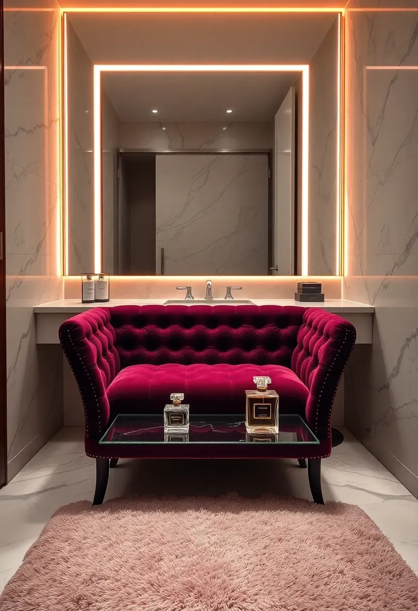 Glamorous velvet upholstered seating area beside a bathroom vanity with Hollywood-style lighting