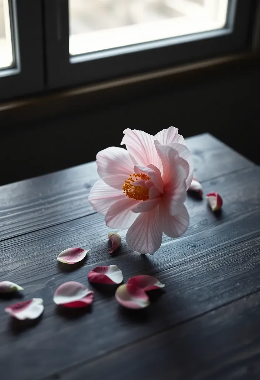 Hyper-realistic 3/4 view of mono no aware expression: single camellia bloom at peak beauty but beginning to show subtle petal curl, fallen petals on surface below, arranged on simple dark wood table. Materials: perfect bloom with first signs of decline, fresh fallen petals showing color variation, aged wood table with grain patterns, soft shadows. Natural light from window left creating gentle illumination that highlights both bloom perfection and emerging decay. Minimal composition with negative space emphasizing the single bloom's temporal state. Shallow depth of field focusing on flower-fallen petal relationship. No text, no logos, no watermarks.</p>