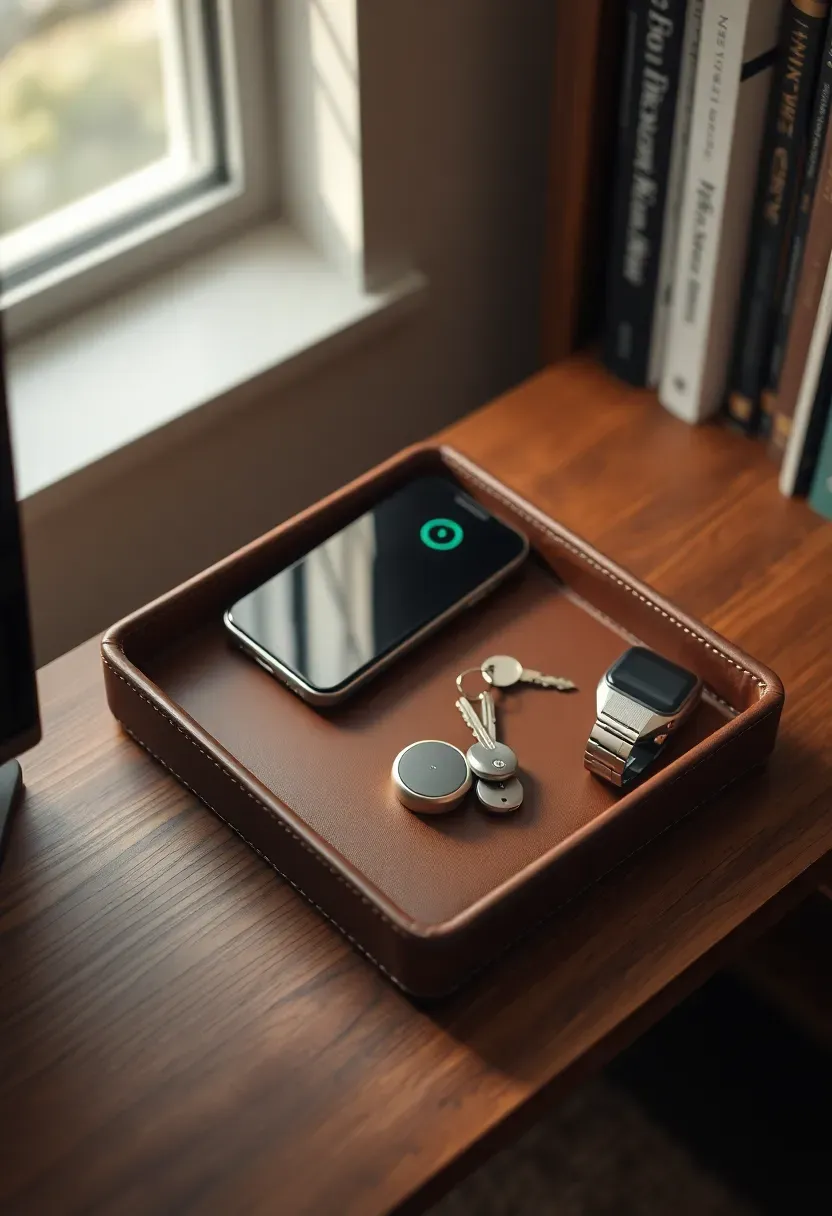 Wireless charging pad integrated into a leather valet tray holding a phone, watch, keys, and earbuds on a nightstand-style desk corner