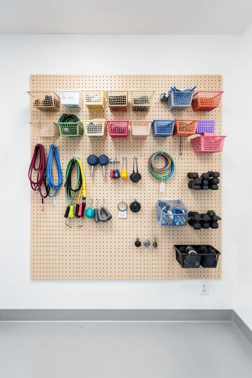 Pegboard organizer covering full gym wall with hooks, baskets, and shelves for jump ropes, bands, and small weights
