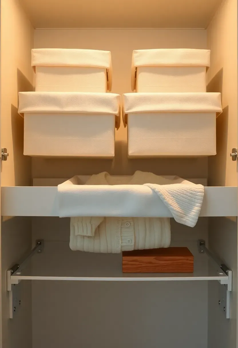 top shelf of a nursery closet with neatly arranged storage bins and keepsake boxes for long-term baby item storage