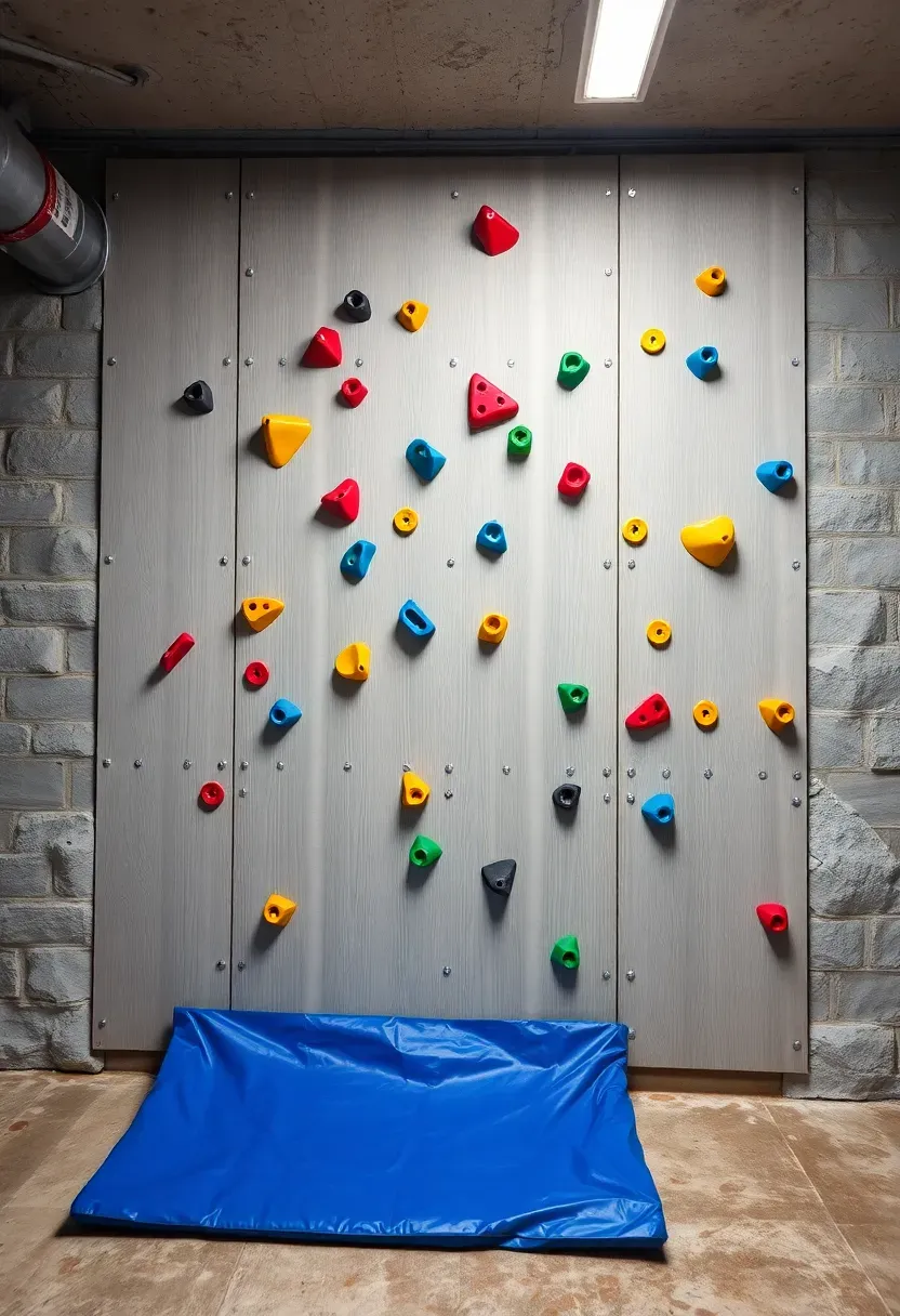 indoor rock climbing wall built on a basement wall with colorful holds and thick crash pad at the base