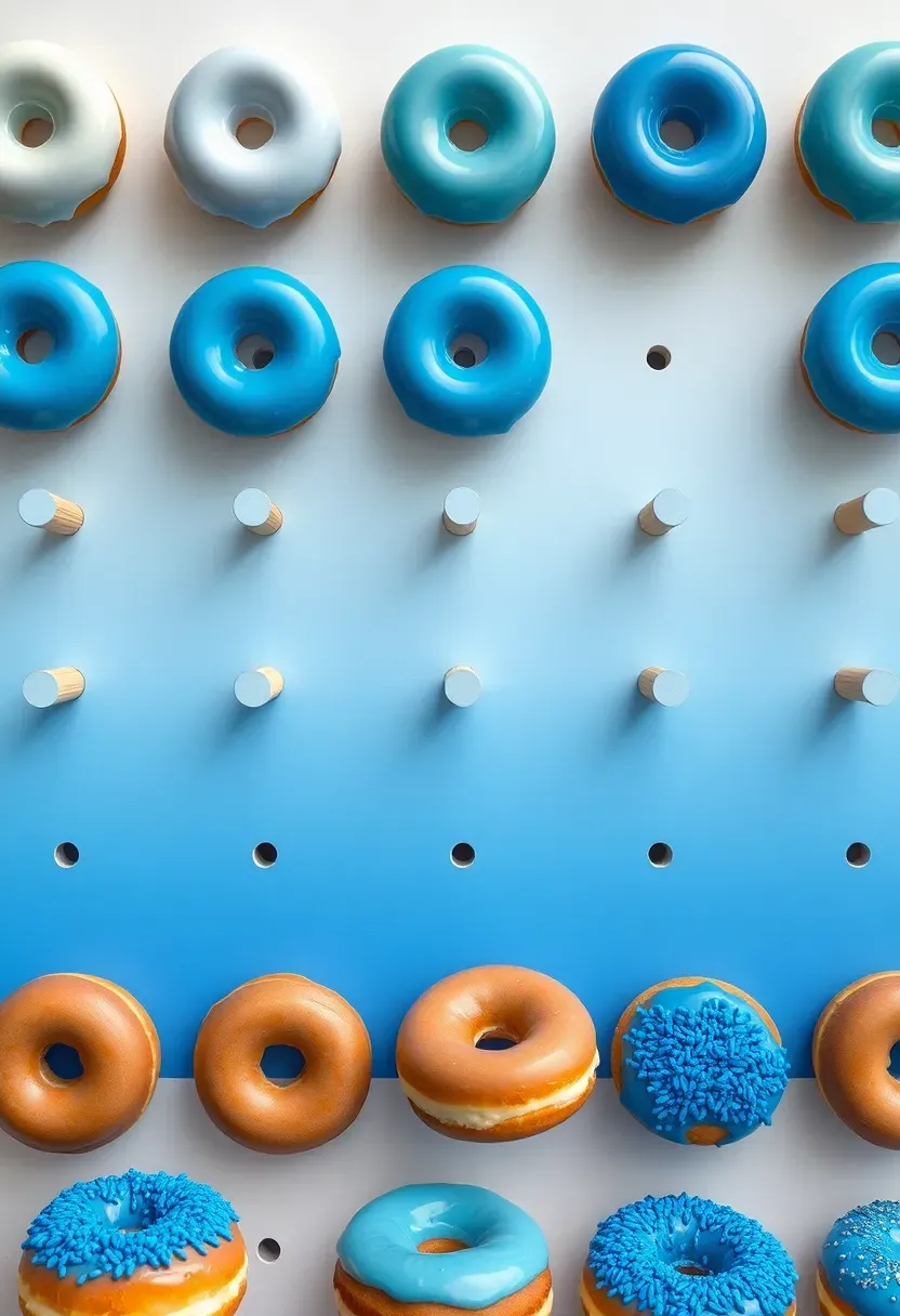 blue ombre donut wall with donuts in graduated shades of blue glaze mounted on a white pegboard backdrop
