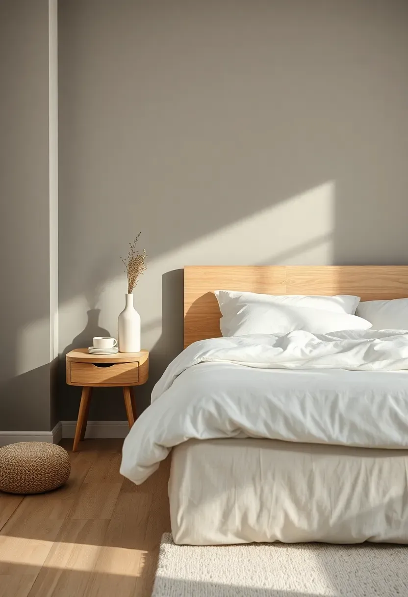 Muted gray headboard wall with white trim