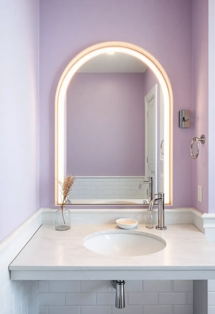 spa-like bathroom with pale lavender accent wall behind a vanity mirror with soft lighting and white marble countertop