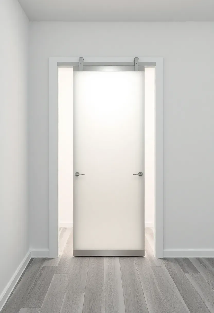 Frosted acrylic panel barn door in a slim aluminum frame on a minimalist track system covering a closet in a contemporary white bedroom