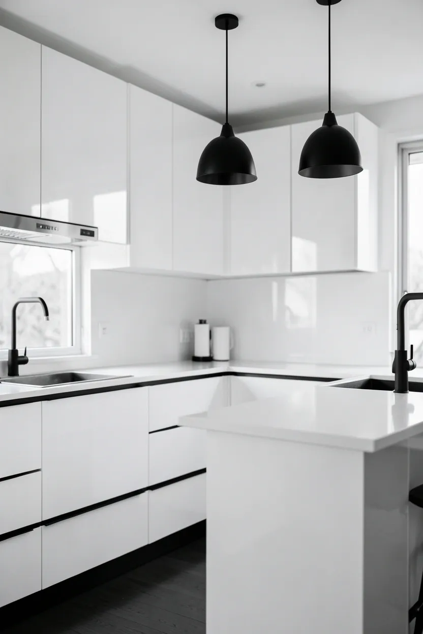 Bold black and white patterned tile backsplash behind kitchen range, with solid white cabinets and quartz countertops keeping the rest of the space calm