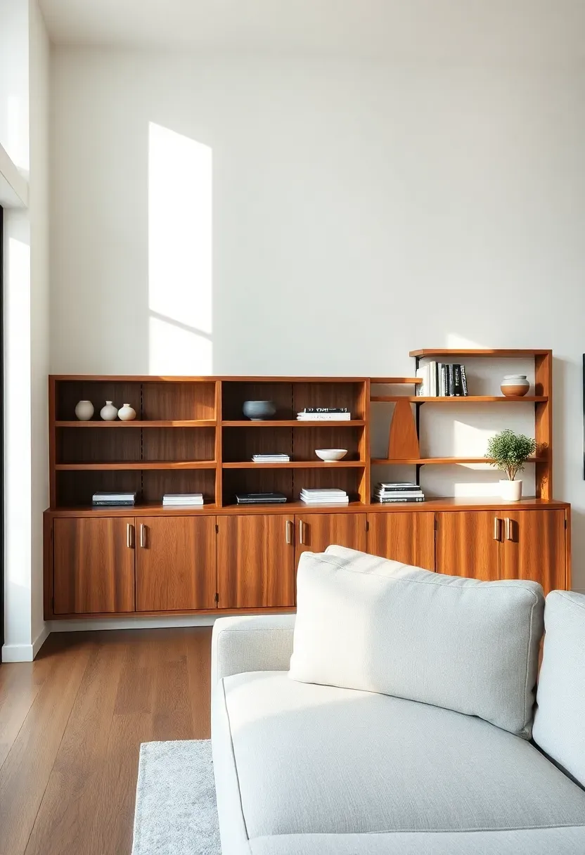Hyper-realistic 3/4 view of minimalist living room with floor-to-ceiling built-in walnut shelving unit along one wall, horizontal orientation with low cabinet bases. Shelves displaying curated ceramics, books, and small potted plants. Warm walnut wood with visible grain variation. Light neutral sofa in foreground, white walls. Materials: solid walnut wood, matte ceramic vessels. Natural light from window, walnut creating warm shadow depth. Built-in maintaining clean lines. Shallow depth of field, sharp details on wood grain. No text, no logos, no watermarks.</p>