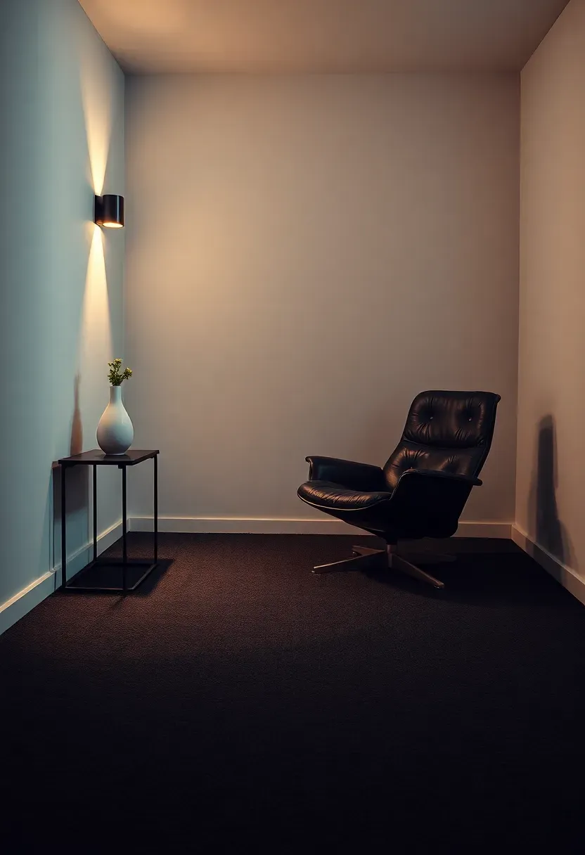 modern basement lounge with deep charcoal carpet and minimalist black and white decor