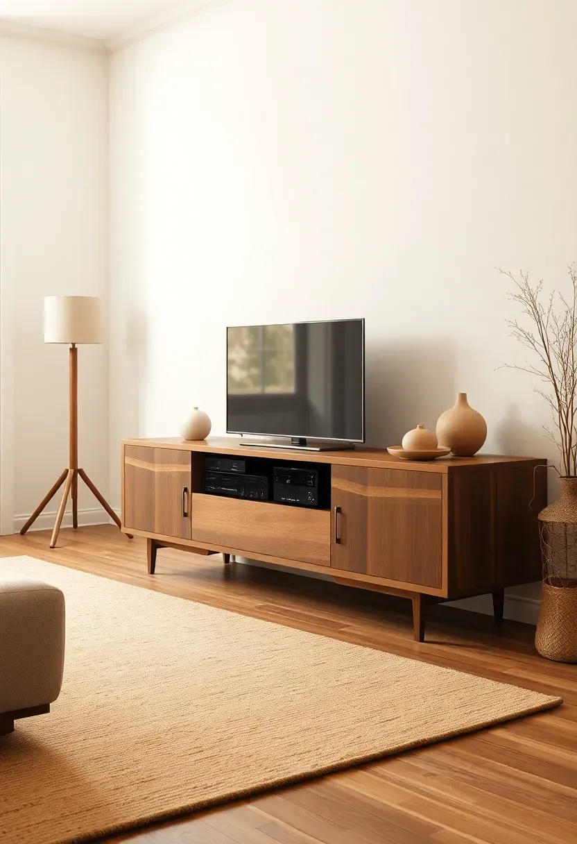 Low walnut media console with minimal hardware