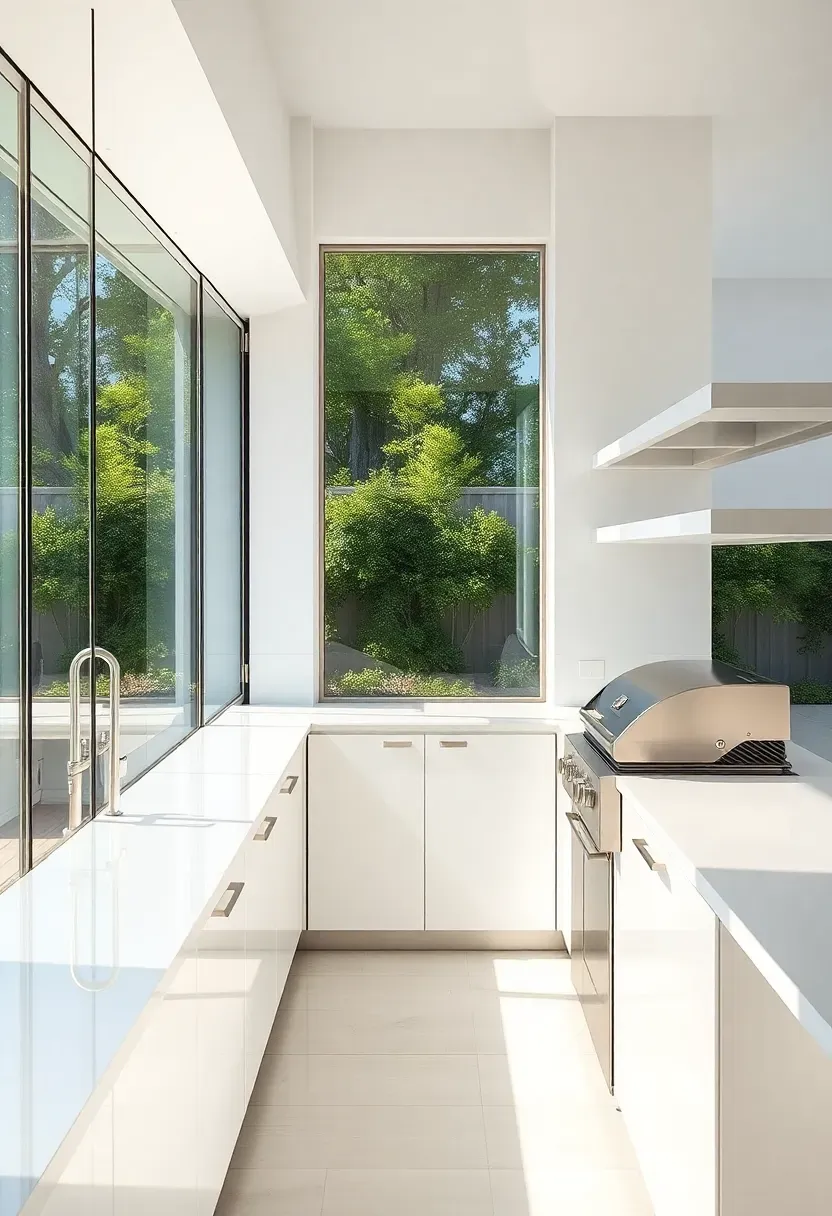 Hyper-realistic 3/4 view of a modern outdoor kitchen with frameless glass wind panels, high-gloss white cabinetry, built-in stainless steel grill, white quartz countertop with waterfall edge, and minimal floating shelving. Materials: tempered glass, high-gloss lacquer, white quartz, stainless steel. Bright reflective light, clean white and metallic palette. Luxury modern mood, shallow depth of field with sharp focus on glass edges and countertop details, garden reflected in glass panels. No text, no logos, no watermarks.</p>