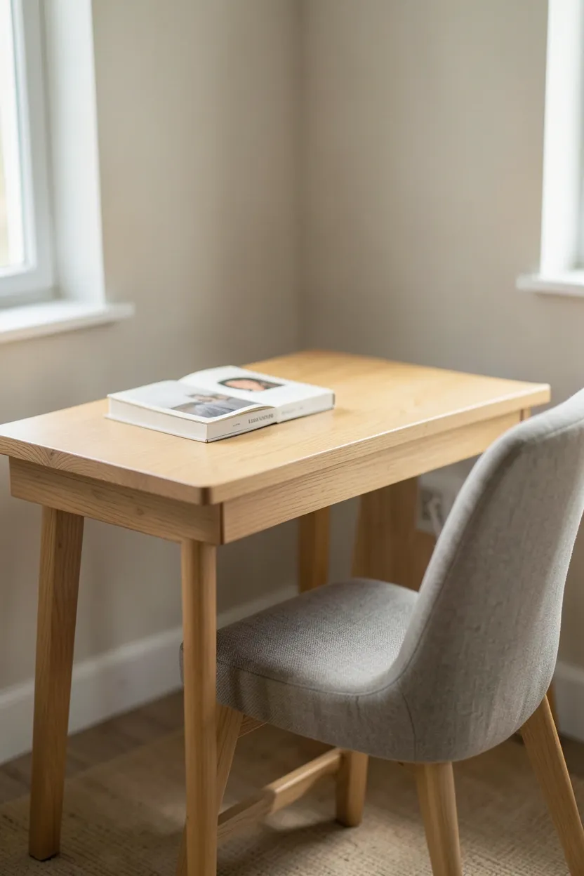 Small natural wood writing desk with an open book and minimal chair in a bright bedroom corner — dual-purpose reading station for small rental rooms