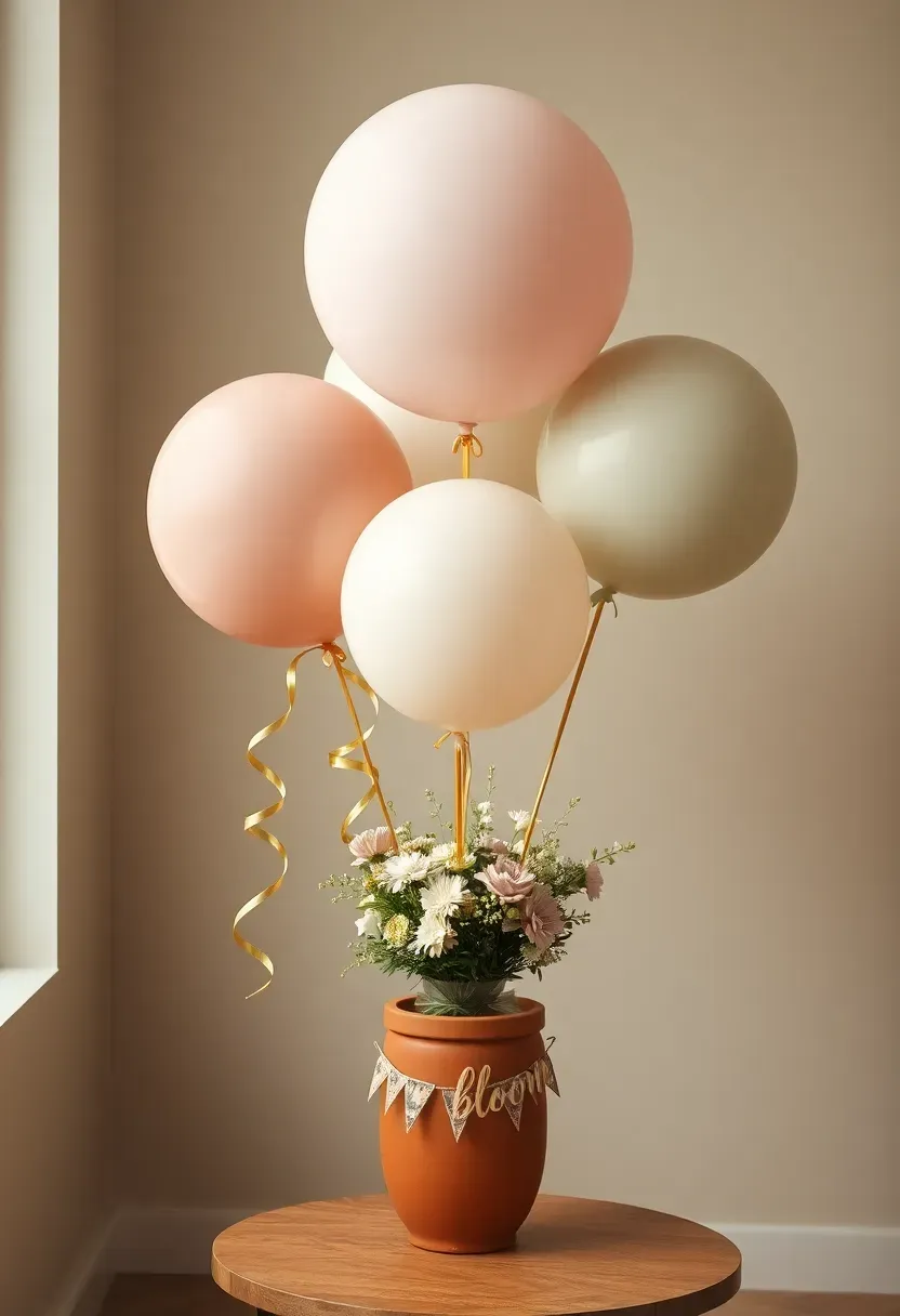 Blush and sage floral balloon bouquet with fresh garden blooms and gold ribbon for baby in bloom shower