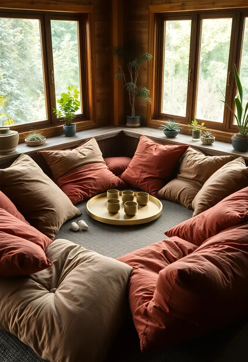 Sunken sunroom conversation pit with large floor cushions in earthy rust and ochre tones, surrounded by low windows and indoor greenery
