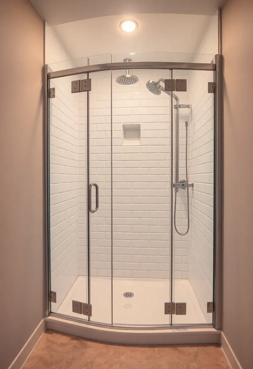 Compact corner shower unit with glass doors installed in a small basement bathroom with subway tile walls