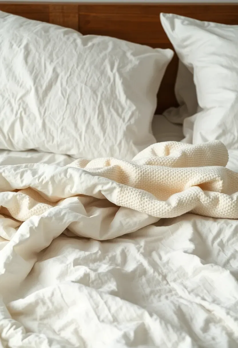 Hyper-realistic straight-on view of layered linen bedding in white, cream, and beige tones. Materials: crinkled linen fabric, textured throw blanket, white pillowcases. Soft diffused daylight, warm neutral palette, serene cozy mood. Sharp focus on fabric textures, visible bed frame with wood headboard. No text, no logos, no watermarks.</p>