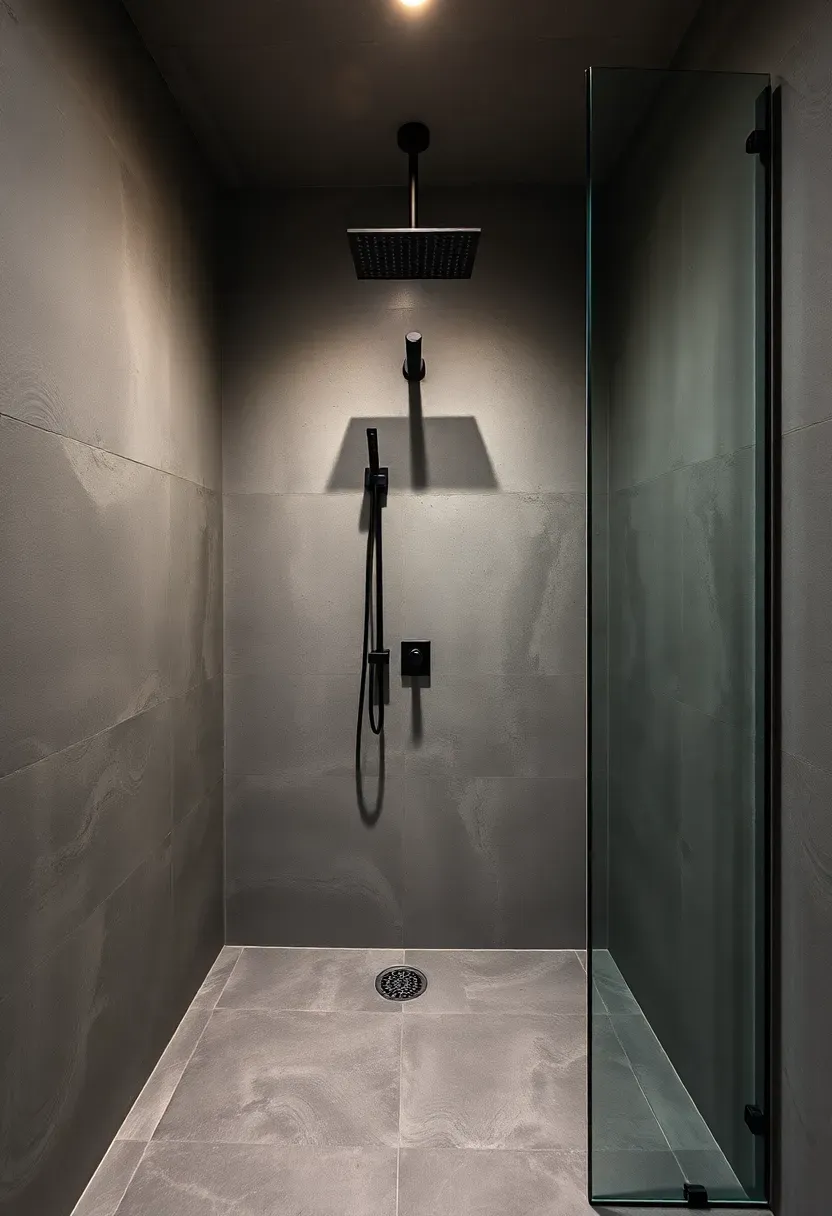 Concrete microcement accent wall in warm gray in a contemporary bathroom with walk-in shower and matte black fixtures