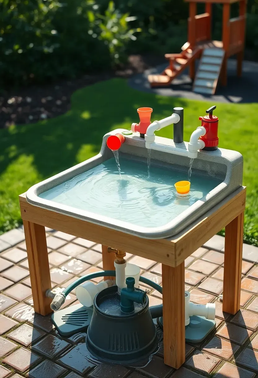 Outdoor water play table station with flowing channels, pumps, and water wheels on a paved area of a backyard playground