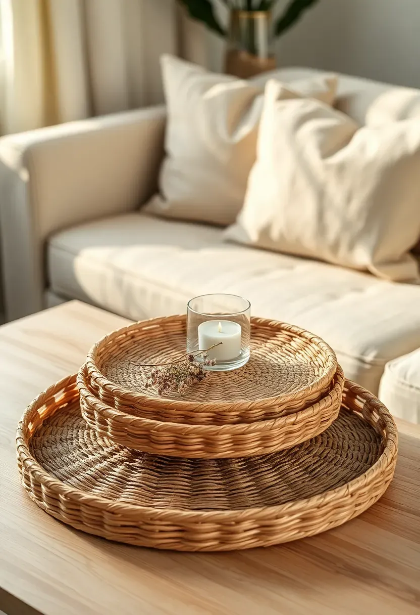 Stack of three woven trays in graduated sizes creating a tiered display with dried flowers and small candles