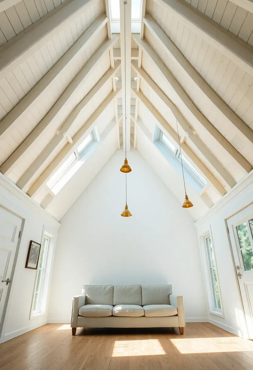 Hyper-realistic wide view upward of tiny house with vaulted white ceiling and exposed white-painted beams, showing significant height at peak, clerestory windows bringing in additional light, white walls, light oak floor, minimal low furniture, feeling of expansive volume, pendant lights at varying heights. Materials: white vaulted ceiling, white painted beams, white walls, light oak floor, linen sofa, brass pendants. Bright natural light from clerestory windows, soft shadows, vertical composition emphasizing height.</p>