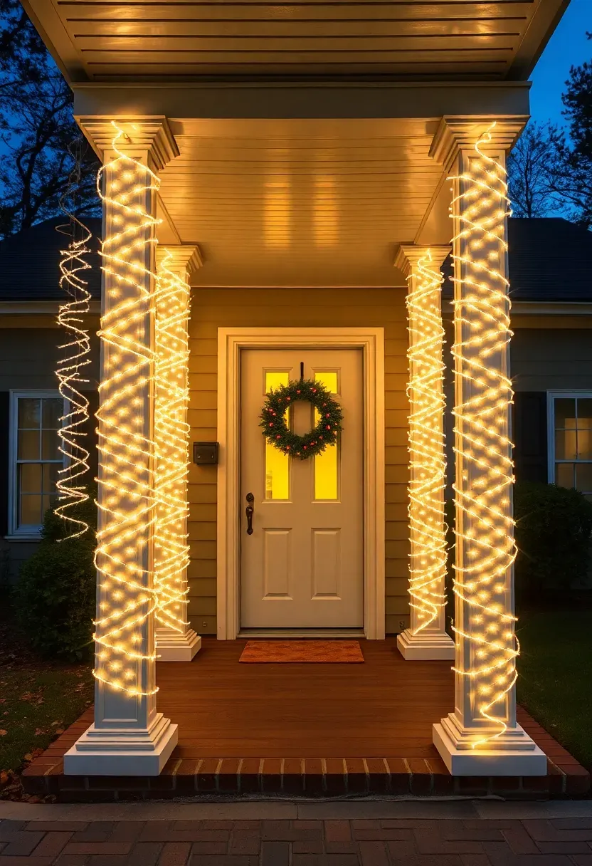 Hyper-realistic 3/4 view of a residential front porch featuring four white square columns wrapped in tight vertical spirals of warm white mini LED lights, with the front door between center columns also featuring a lit wreath. Materials: white painted wood columns, beadboard porch ceiling, wood plank flooring, brass door hardware, brick foundation, manicured lawn beyond. Natural evening darkness with warm vertical light columns creating elegant framing effect, cool blue ambient sky, soft glow from interior visible through door glass. Classical elegant mood like Southern colonial holiday display. Shallow depth of field, sharp details on nearest column lights, symmetrical inviting composition, soft shadows, no text or watermarks.</p>