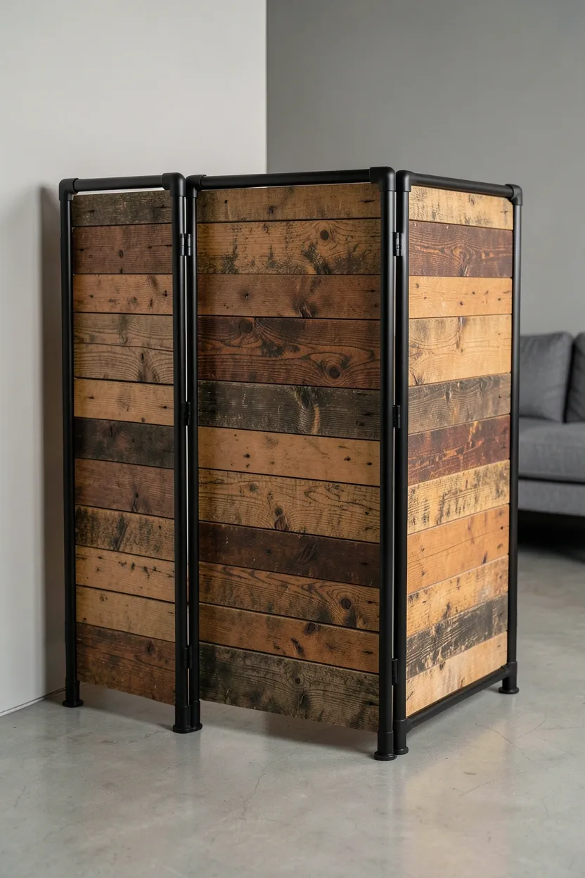 Black metal frame folding screen with reclaimed wood panels dividing an open-plan rental living space into distinct zones without wall damage
