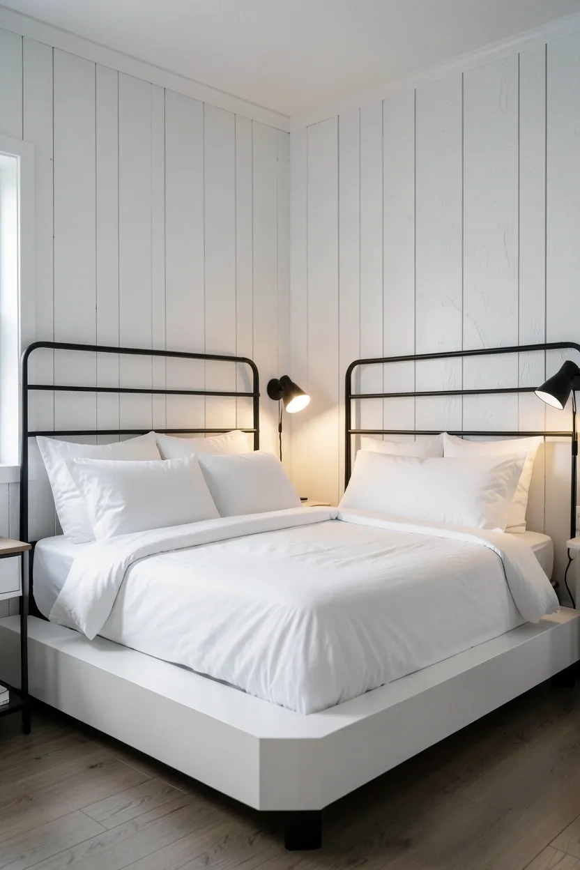 White shiplap textured feature wall behind a bed in a monochrome bedroom creating depth through shadow and light