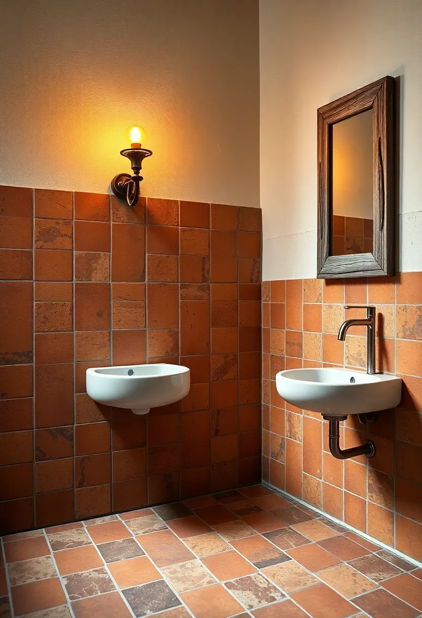 Reclaimed antique terracotta floor tiles in warm orange and brown tones in a Mediterranean style bathroom with iron sconce