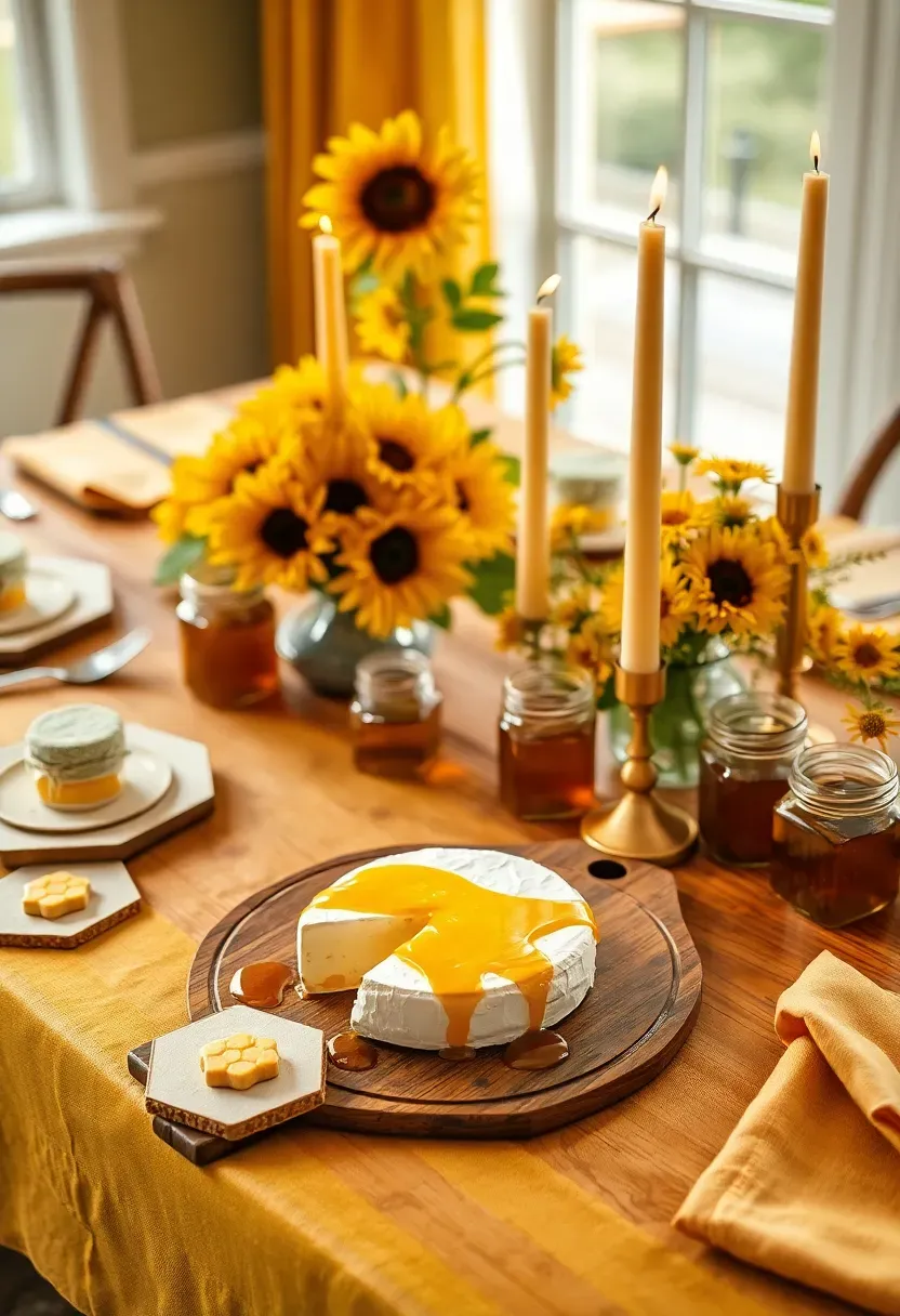 honey bee themed baby shower brunch with honeycomb decor golden yellow flowers honey jars hexagon shaped cookies and beeswax candles on a warm toned table