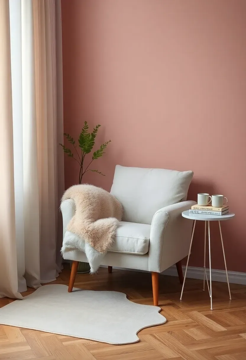 Cozy reading nook with a dusty rose pink accent wall behind a white armchair with a sheepskin throw and stacked books on a side table