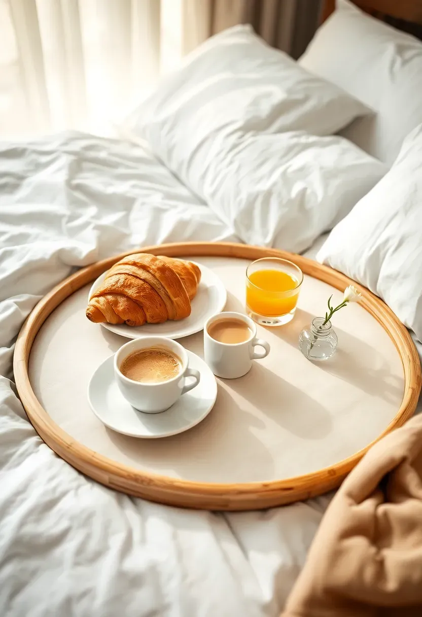 Round breakfast tray on white bedding with croissant plate coffee cup and small flower