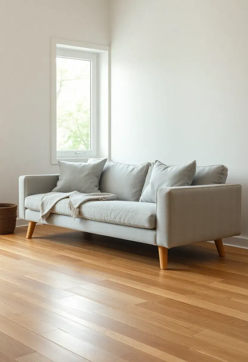 Hyper-realistic 3/4 view of a low-profile Scandinavian sofa in light gray linen. The sofa features square arms, knife-edge cushions, tapered light oak legs, sitting low to the ground (16-inch seat height). Placed on light oak flooring with warm white walls. Minimal cushions, throw blanket casually draped. Materials: linen fabric, oak wood legs. Soft diffused window light, clean minimalist composition. No text, no logos, no watermarks.</p>