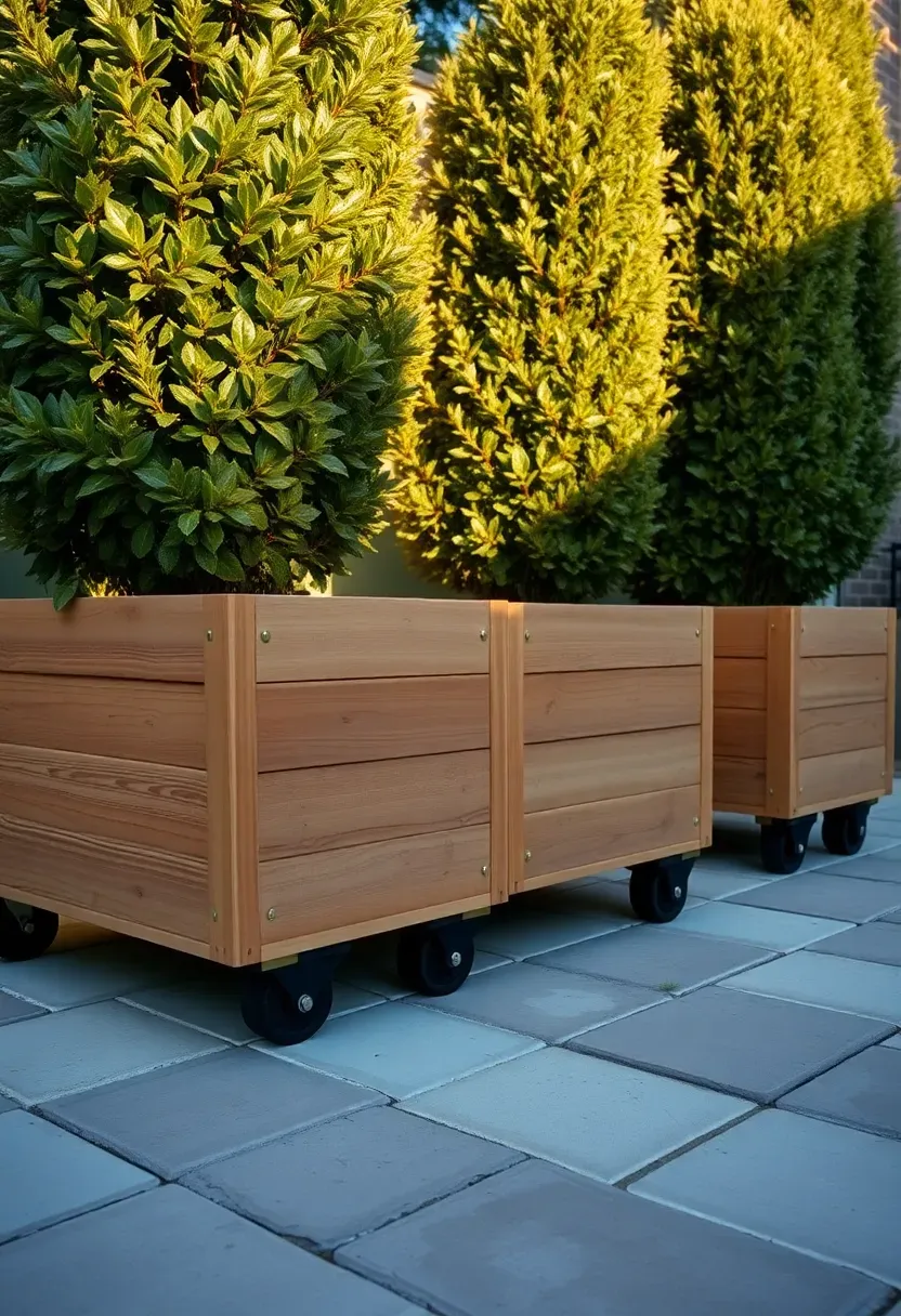 Large wooden planter boxes on caster wheels with tall privacy shrubs growing out of them on a backyard patio