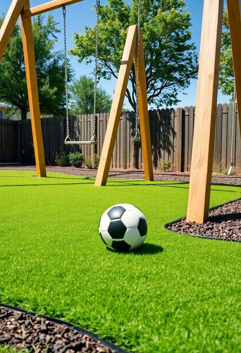 Backyard artificial turf play area for kids in Texas with a swing set, rubber mulch border, and neat green synthetic grass surface