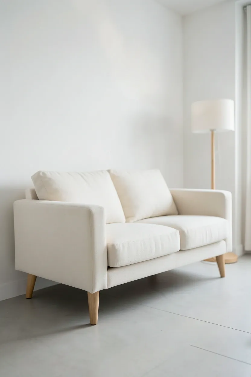 Cream Scandinavian sofa with tapered light wood legs in a clean modern minimalist living room