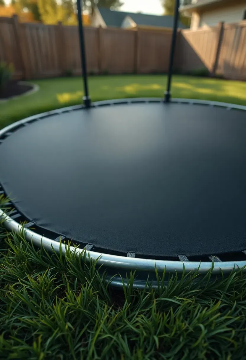 In-ground sunken trampoline flush with the backyard lawn, surrounded by a low retaining ring and short grass