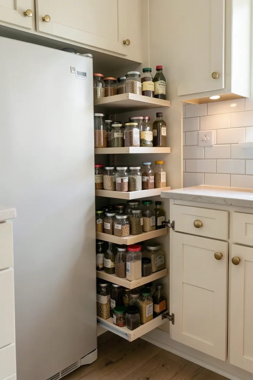 Narrow pull-out pantry shelves between cabinets in a small cottage kitchen storing spices, oils, and canned goods