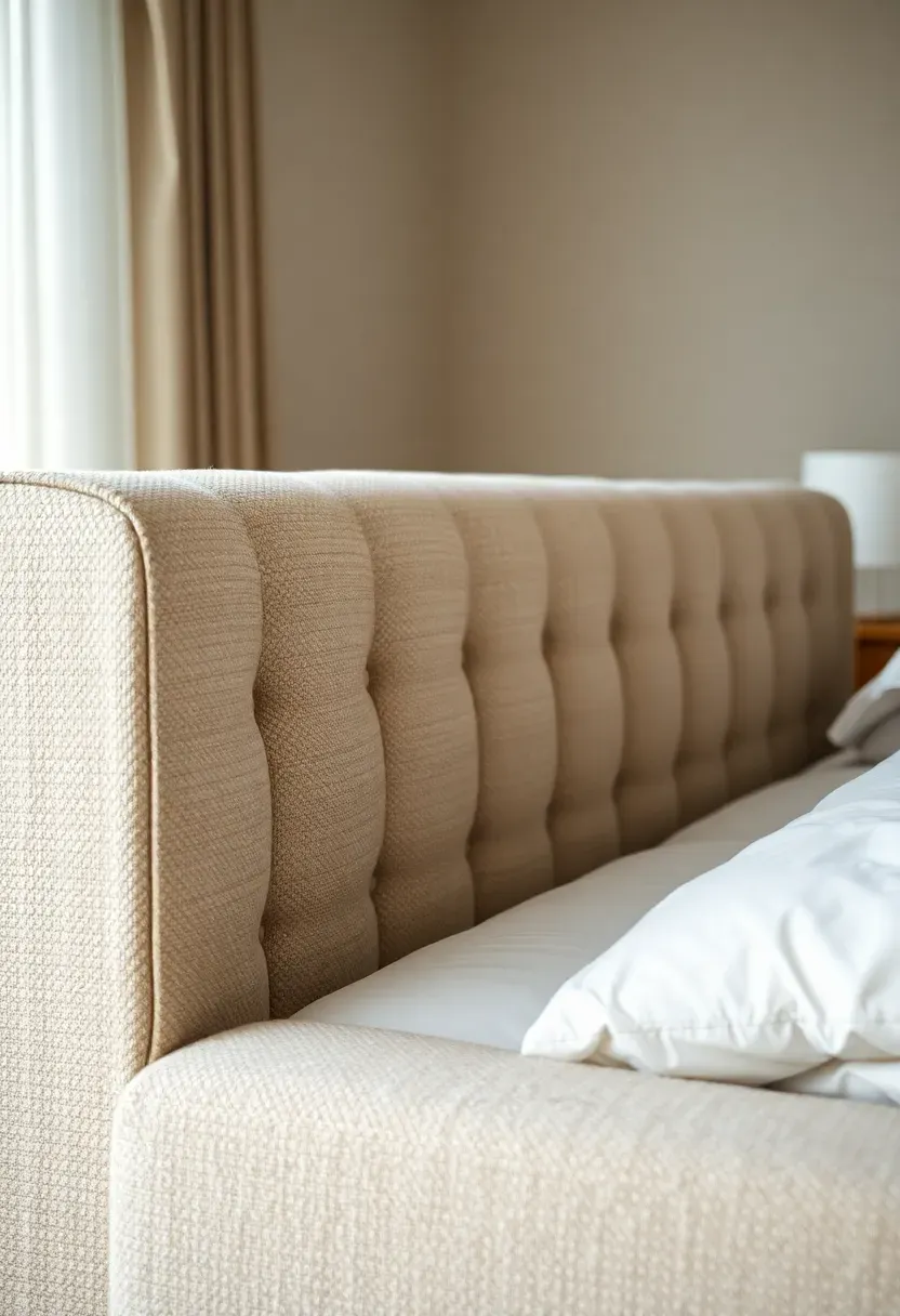 Hyper-realistic straight-on view of upholstered bed frame in beige boucle fabric with channel tufting. Materials: textured beige fabric, wooden side rails visible, white linens, gray rug. Soft ambient light, warm neutral palette, cozy soft mood. Sharp focus on fabric texture and tufting detail, visible bedroom. No text, no logos, no watermarks.</p>