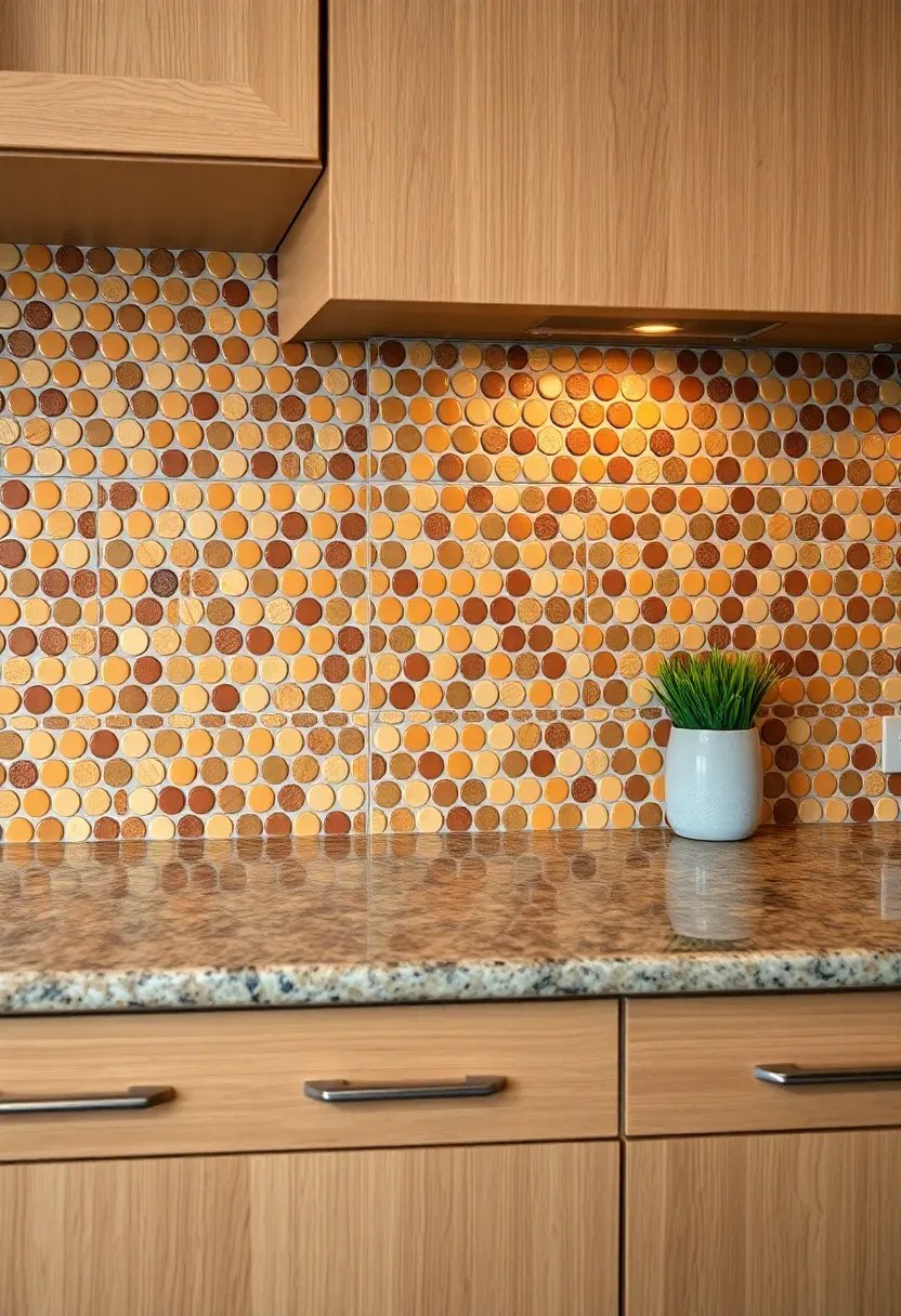 brown penny round mosaic tile backsplash in a warm kitchen with fantasy brown granite and honey-toned wood cabinets