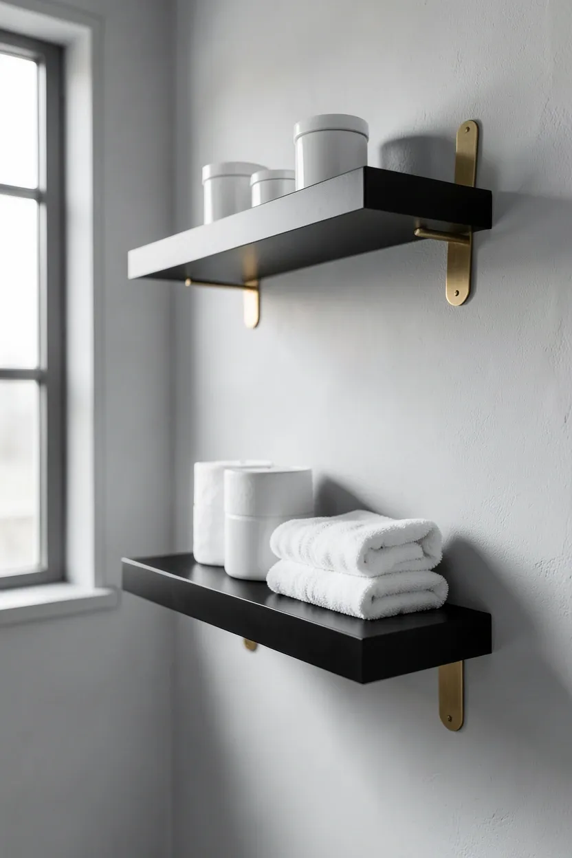 Black floating shelves with brushed brass bracket supports above a toilet — styled with white towels and small plants in a modern bathroom